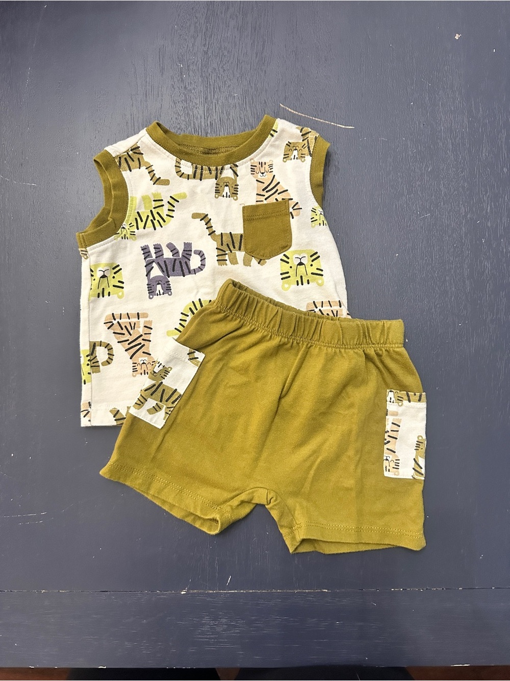 Petit Lem Olive Green and Cream Tiger Print Kids Matching Set